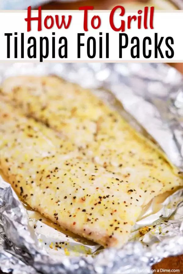 grilled tila fish in foil with text overlay