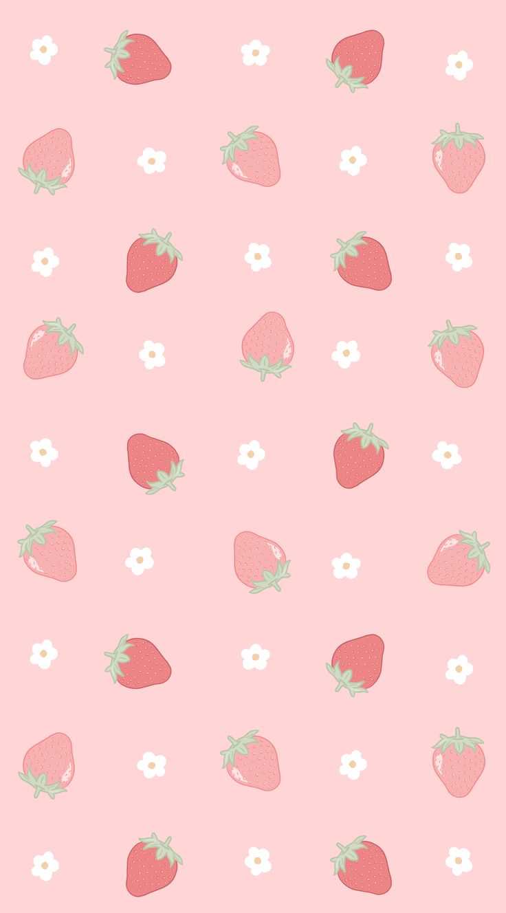 a pink background with strawberries and daisies