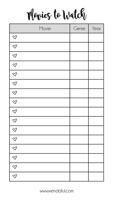 the printable movies to watch list is shown in black and white with hearts on it