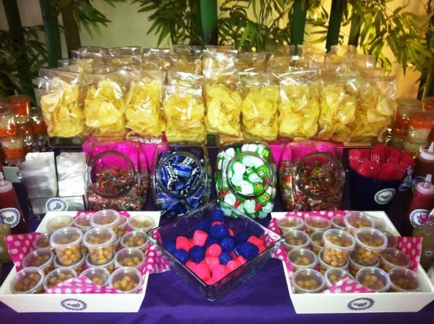 a table filled with lots of candy and candies on top of it's trays