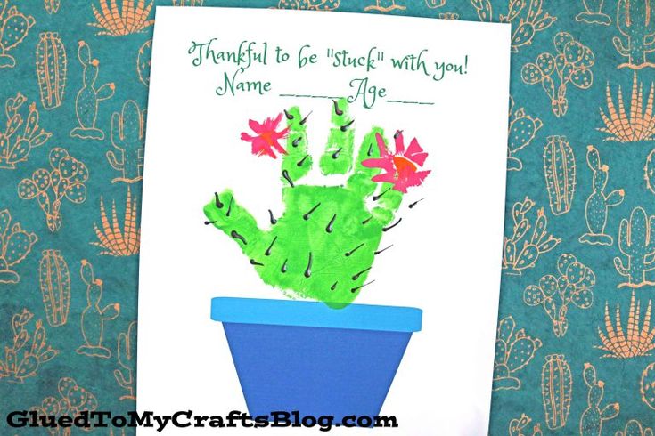 a handprinted card with a green cactus in a blue flower pot and the words, thank you to be stuck with your name