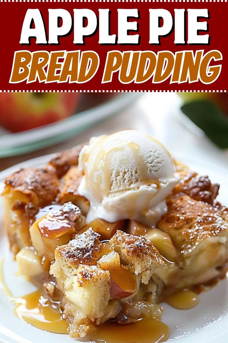 apple pie bread pudding on a white plate