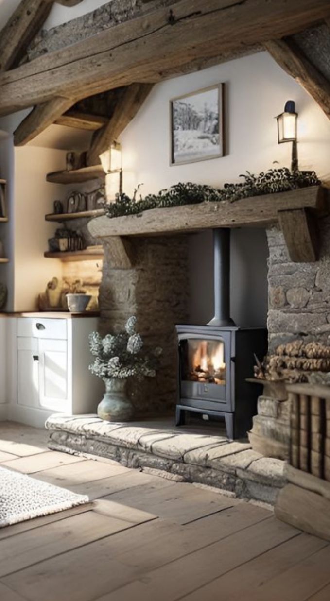 a living room filled with furniture and a fire place in the middle of it's walls