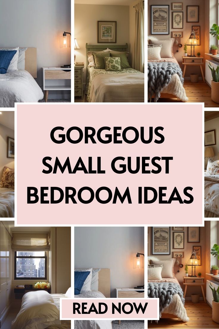 a collage of photos with the words gorgeous small guest bedroom ideas