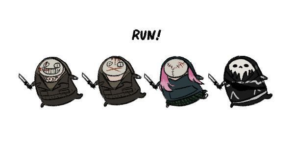 five cartoon characters with different expressions and words on them, one is saying'run '