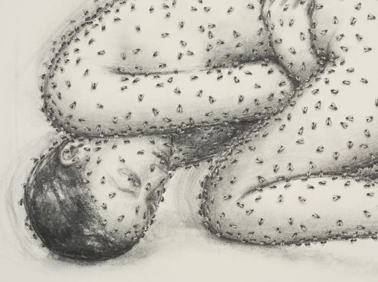 a drawing of a woman laying on her stomach covered in tiny black dots, with one arm wrapped around the other