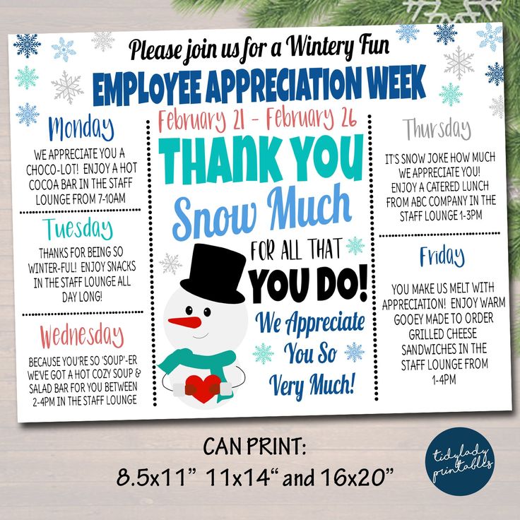 an employee appreciation week poster with snowman