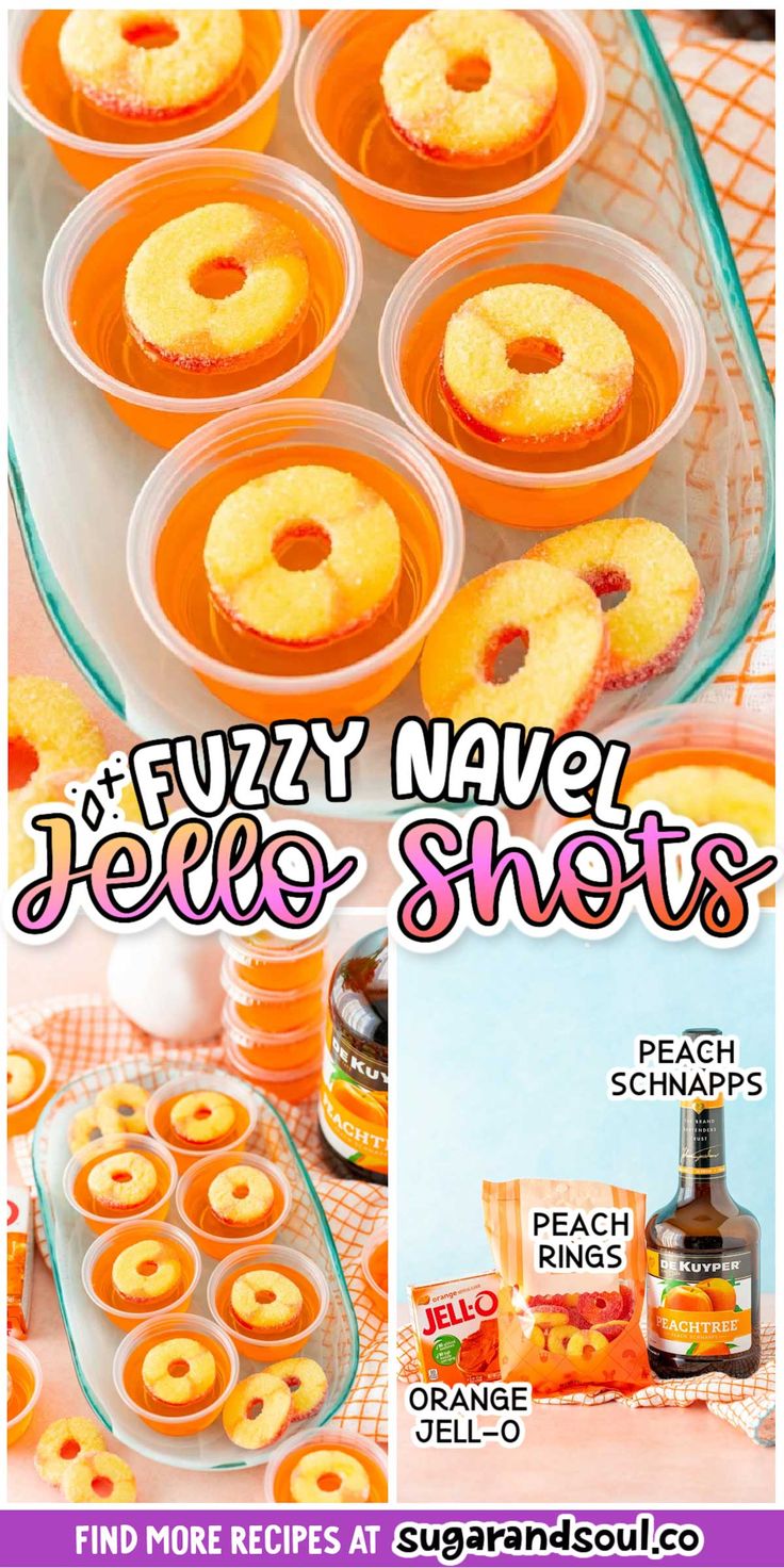 an advertisement for jelly navel juice shots with oranges and cinnamon on the side