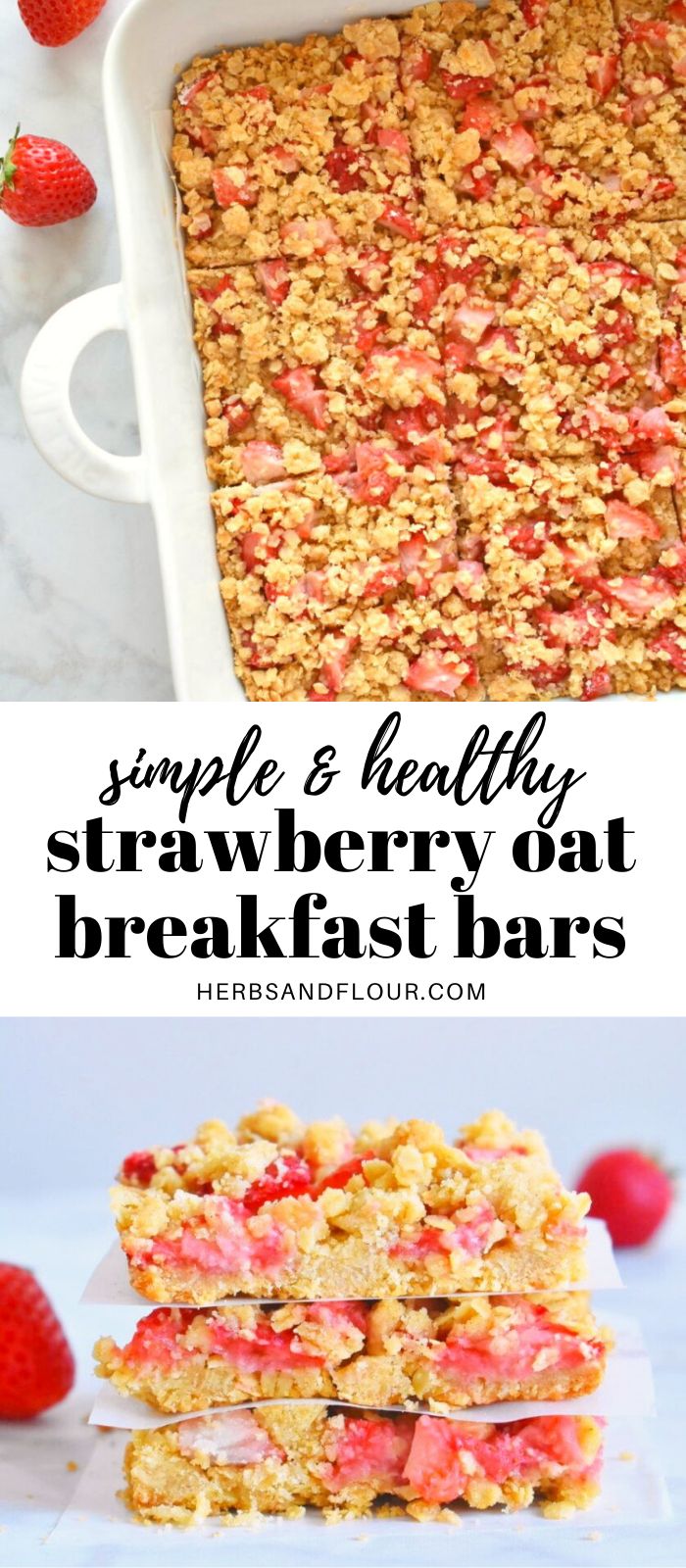 strawberry oat breakfast bars stacked on top of each other with strawberries in the background