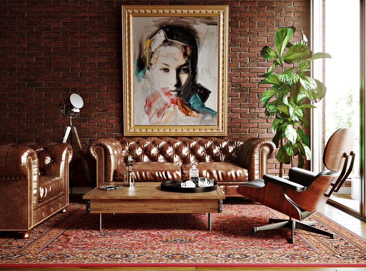 a living room filled with furniture and a painting on the wall