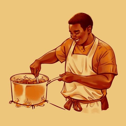 a man in an apron is stirring something into a pot with a ladle on the side