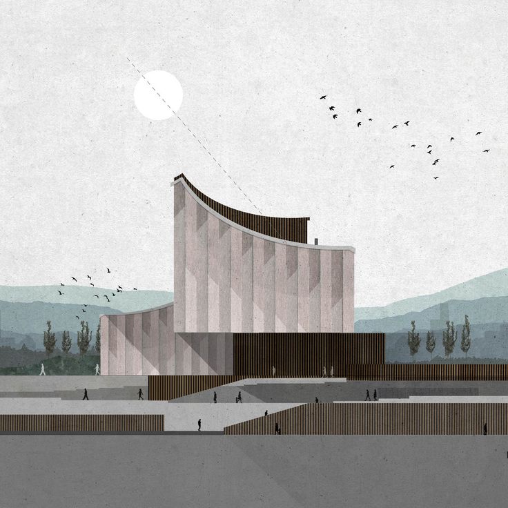 an architectural rendering of a building with birds flying over it