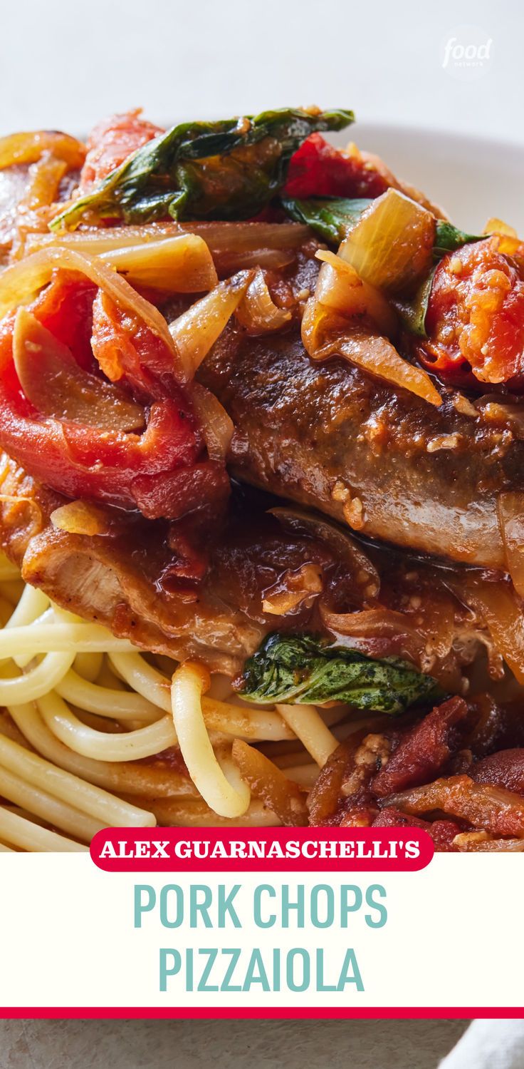 a plate of pasta with meat and vegetables on it, in front of the words pork chops pizzaola