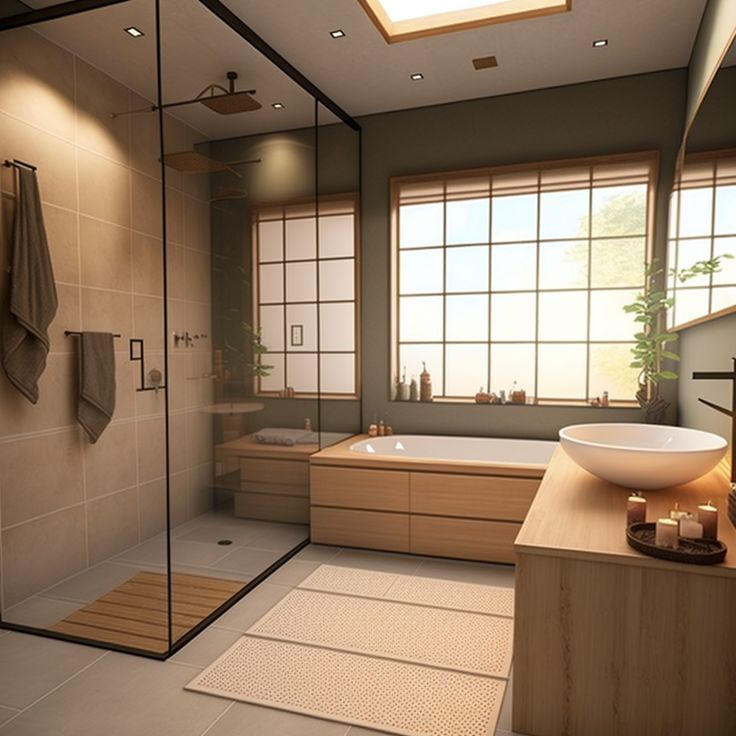 a bathroom with a large tub, sink and shower stall in it's center