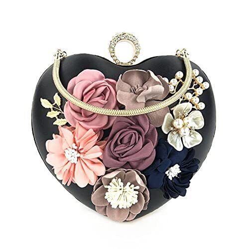 Women Black 3D Flower Heart Shape Clutch Hand Bag Party Bag Gift For Her Black Bag For Valentine's Day Party, Heart-shaped Black Shoulder Bag For Party, Black Party Bag For Valentine's Day, Chic Flower-shaped Party Shoulder Bag, Flower Shaped Shoulder Bag For Party, Pearl Clutch Bag, Heart Clutch, Bridal Handbags, Ethnic Bag