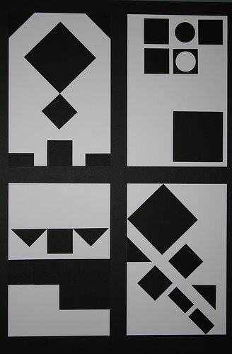 black and white geometric shapes are arranged in squares, rectangles, and rectangles