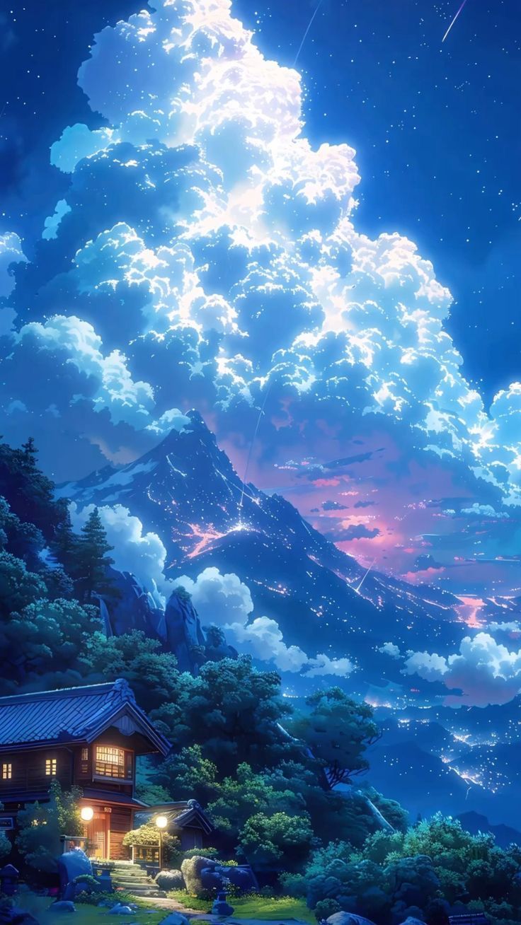 the sky is full of clouds and stars above a house in front of a mountain