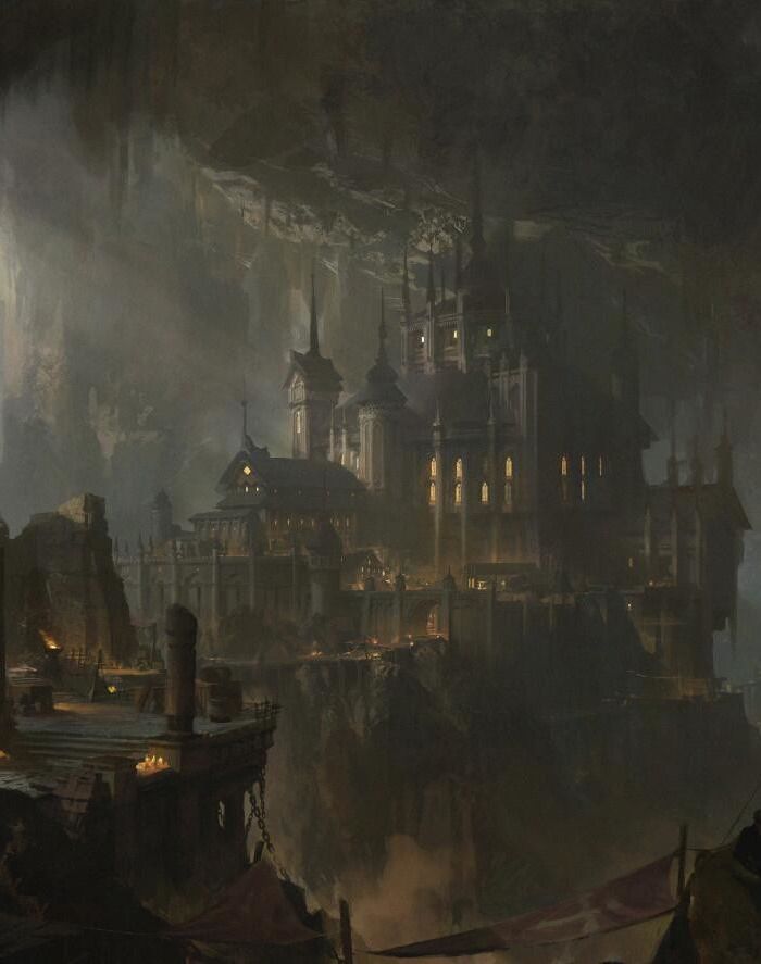 an image of a fantasy city at night