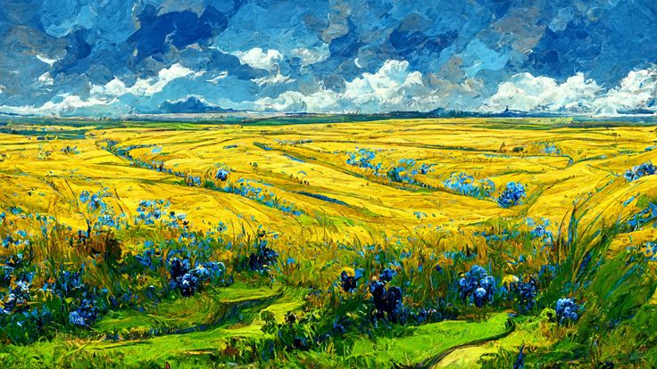 a painting of blue and yellow flowers in a green field with clouds above the fields