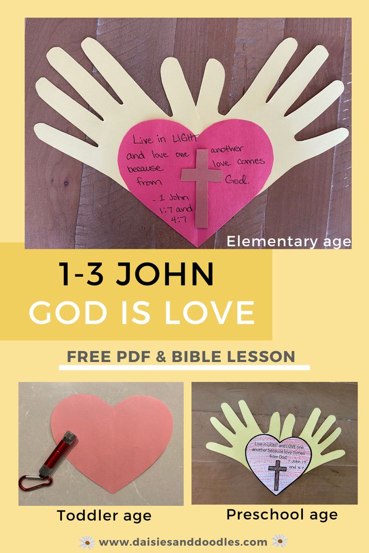 a poster with the words god is love and handprinted paper hearts on it