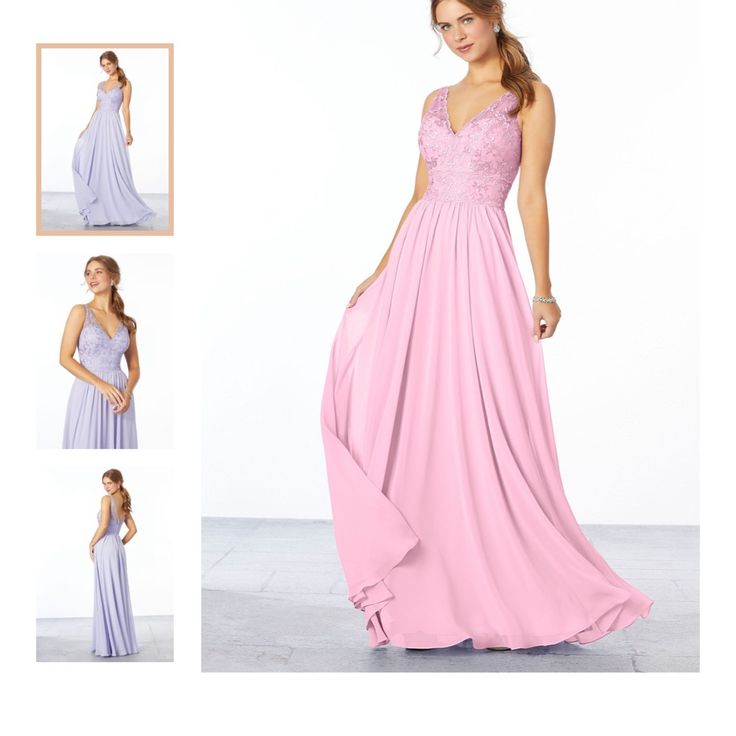 a woman in a pink and blue dress with four different pictures of the same gown