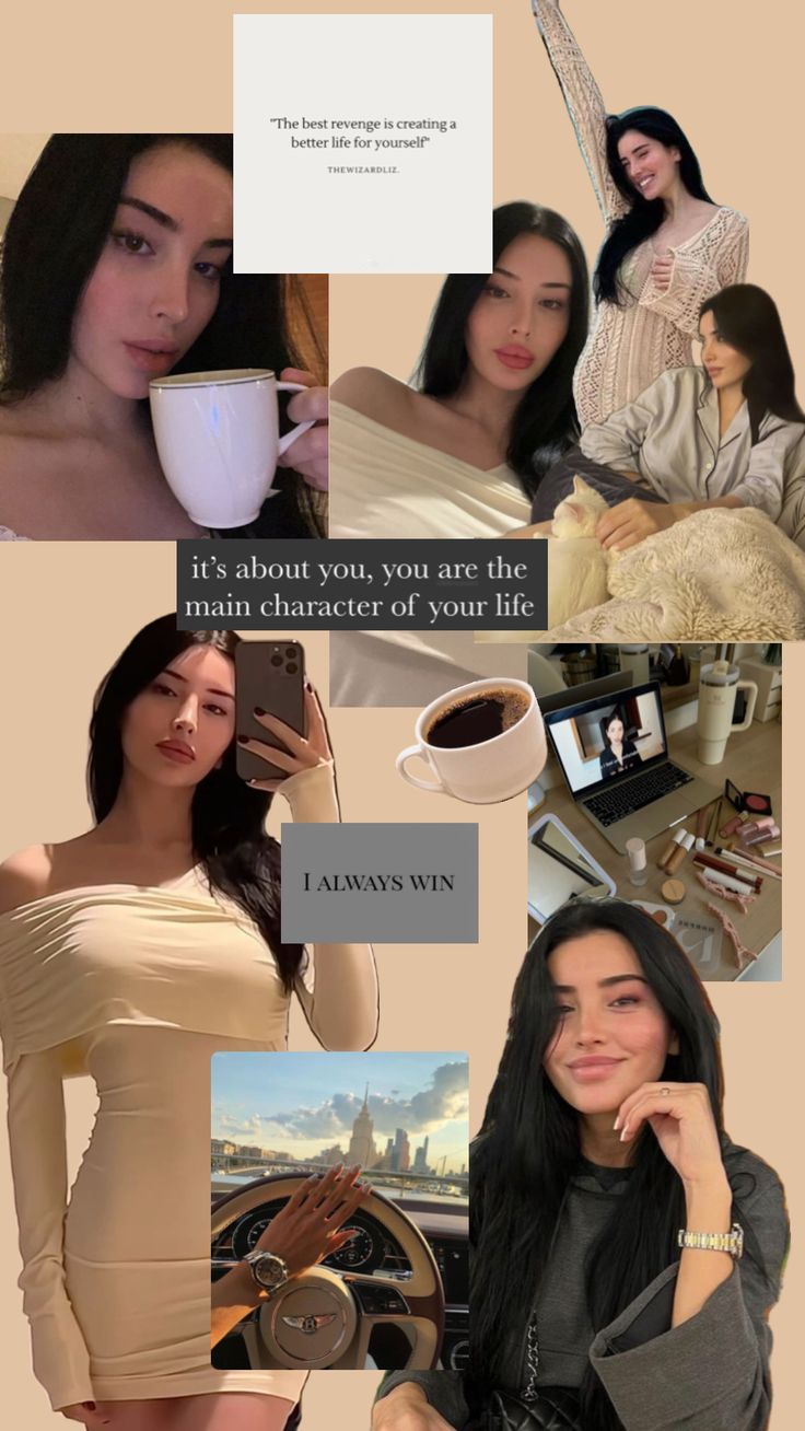 a collage of photos with some women in them and coffee mugs on the table