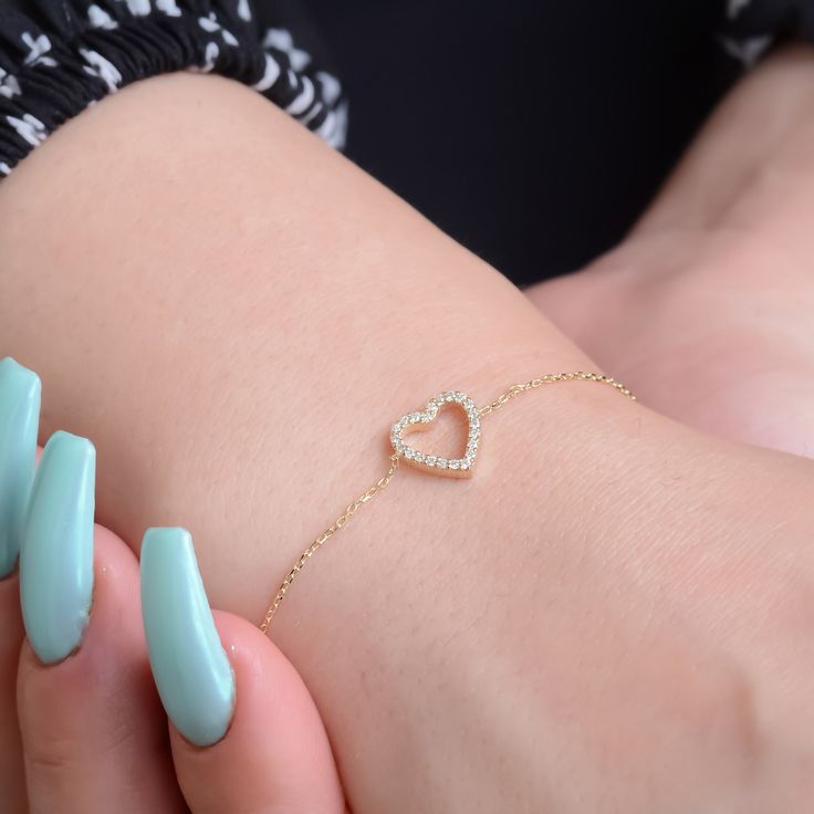 14K Solid Gold Diamond Heart Design Bracelet, Tiny Diamond Heart Bracelet, Diamond Heart Bracelet Micro Pave Setting 💎 Gold K: 14K or 18K Solid Gold - 1.40 Gram 💎 Custom Gold Color: Rose Gold, Yellow Gold, White Gold 💎 Round Diamond: 22 Pcs 1.00 MM  💎 Total Diamond Ctw: 0.10 Ctw Natural 💎 Diamond Color-Clarity: F Color SI Clarity  💎 Setting Type: Prong  💎 Certified Item 💎 Product Code: MR0015215  📎 If you have questions about this product, you can contact me. I will get back to shortly Heart-shaped Diamond Bracelets For Formal Occasions, Diamond Heart-shaped Jubilee Bracelet, Luxury Heart Bracelet As A Gift, Luxury Wedding Bracelets For Valentine's Day, Diamond Heart Bracelet In White Gold, Yellow Gold Bracelets With Heart Beads, Luxury White Gold Heart-shaped Diamond Bracelet, Luxury Heart-shaped Bracelet For Wedding, Luxury Heart Bracelet For Wedding