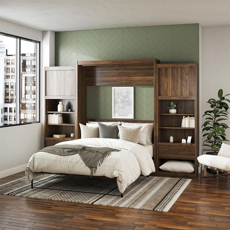 a bed room with a neatly made bed and a book shelf on the wall next to it