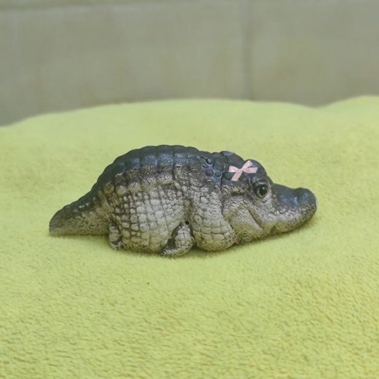 a small alligator laying on top of a yellow blanket with a pink bow around it's head