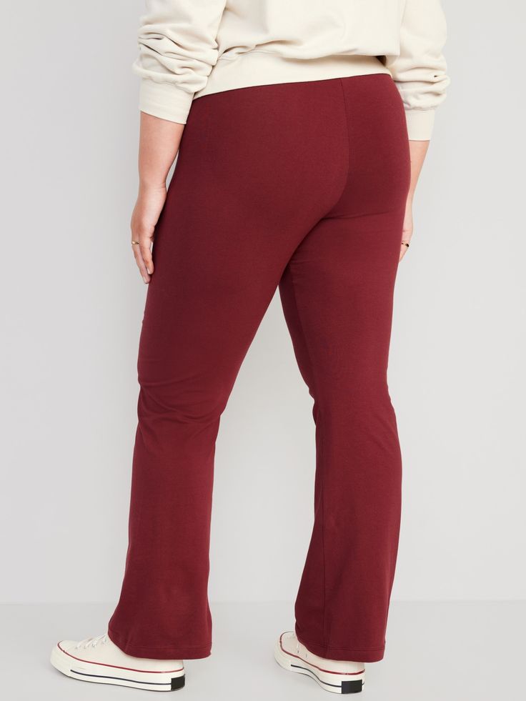 Online exclusive! Elasticized high-rise waist.  Flared leg openings.  Soft-washed jersey, with comfortable stretch.  Easy pull-on style.  #763284 Women's high-rise leggings sit high on waist.  Fitted through hip and thigh.  Flared leg.  Models are ap Comfortable Full-length Bottoms For Fall, Comfortable Full Length Bottoms For Fall, Versatile Bottoms With Comfort Waistband For Fall, Versatile Fall Bottoms With Comfort Waistband, Casual Straight Leg Pants With Wide Waistband, Athleisure Stretch Pants With Elastic Waistband, Casual Stretch Yoga Pants With Pull-on Style, Comfortable Versatile Solid Pants, Casual Bottoms With Wide Waistband And Straight Leg