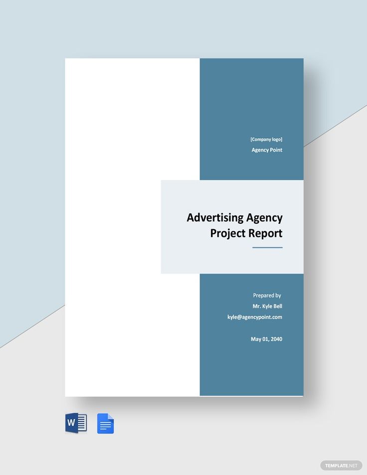 the advertising agency project report is shown in blue and white, with an arrow pointing to it