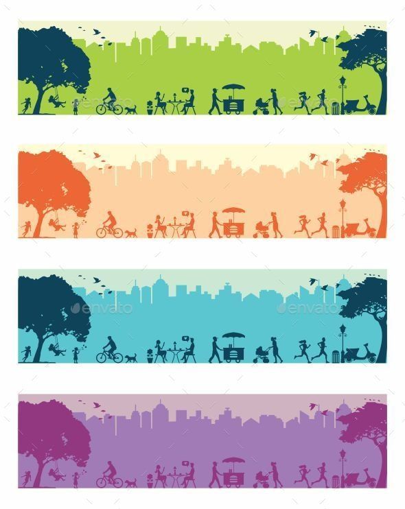 four horizontal banners with trees and people in the park