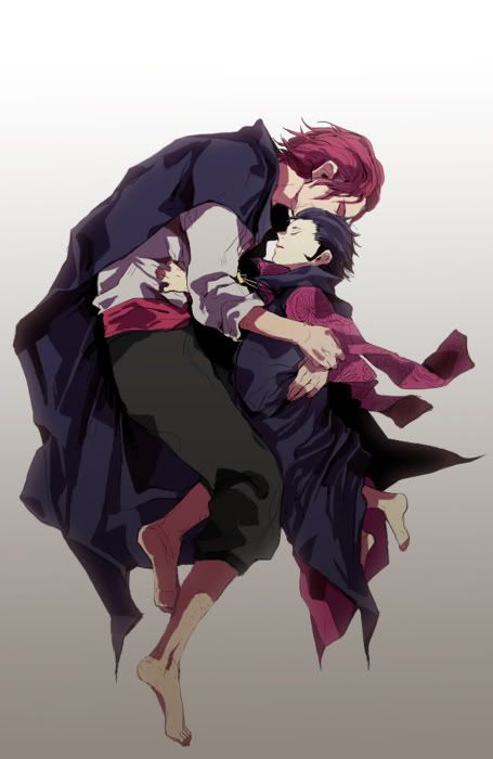 two anime characters hugging each other in the air