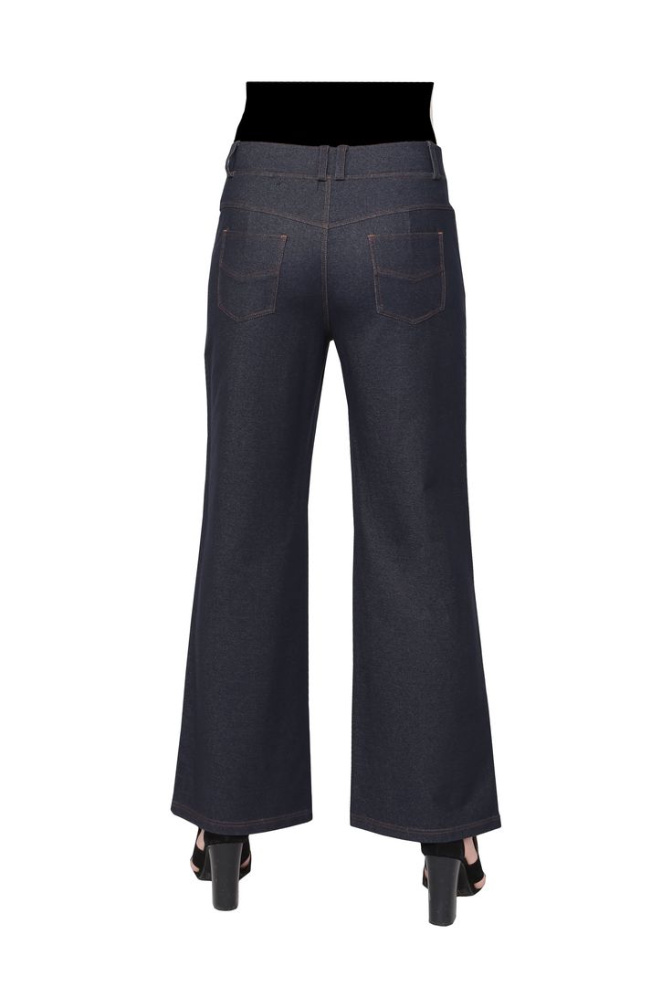 Made of incredibly soft comfort stretch, this pant has the appearance of denim. It features a 2" covered elastic waistband with belt loops and convenient 5 pocket styling with mock fly and contrast stitching Style: Wide Leg Pant Material: 65% Cotton/ 30% Polyester / 5% SpandexCare Instruction: Machine Wash ColdColor: Black, Brown, Denim Black, Denim Blue, White CremeDimensions: 29 1/2" inseamModel Number: 7534 Brown Denim, Wide Leg Pant, Denim Blue, Black Denim, Wide Leg Pants, Black And Brown, Blue Denim, Blue White, Wide Leg