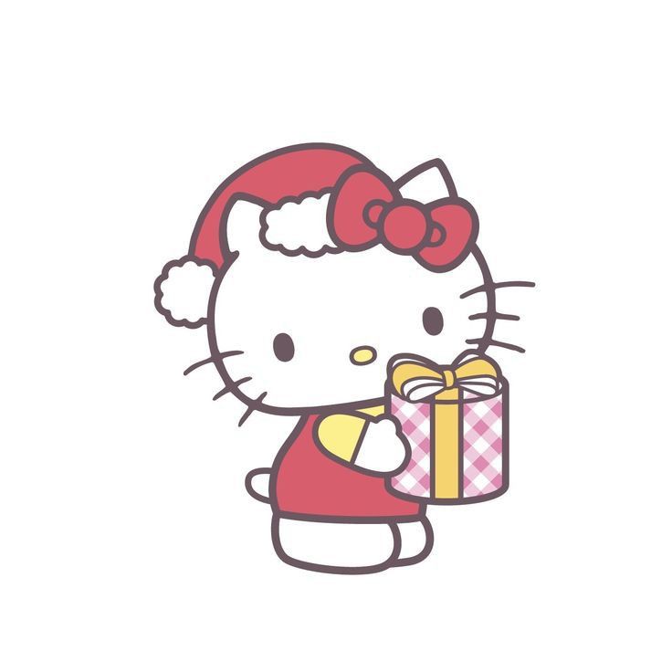 a hello kitty holding a gift box with a bow on it's head and wearing a santa hat