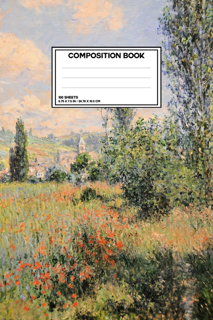 the composition book is shown with an image of flowers and trees in the foreground