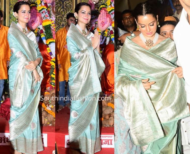 Pastel Banarasi Saree, Pastel Silk Saree, Kangana Ranaut Saree, Parted Bun, Pastel Blue Saree, Blue Banarasi Saree, Blue Banarasi Silk Saree, Pastel Saree, Draped Sarees