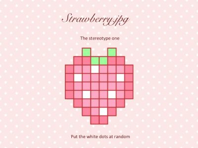 a pink heart with white dots on it and the words strawberrypig written in green