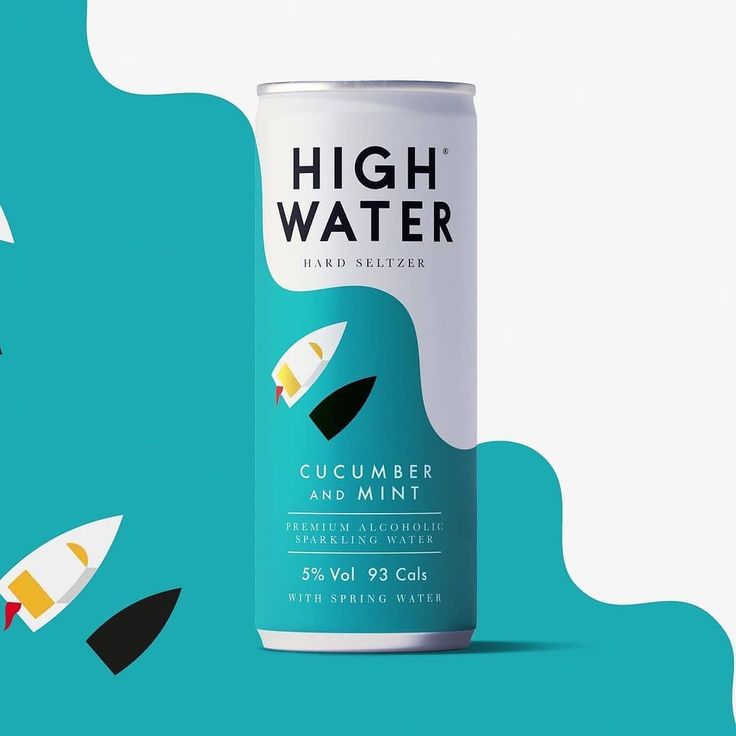 a can of high water on a blue and white background