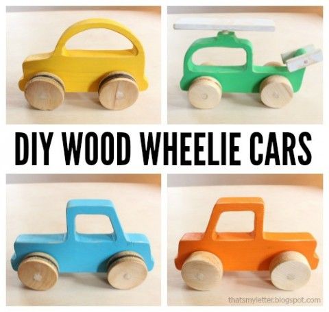 four different colored wooden cars with the words diy wood wheelie cars