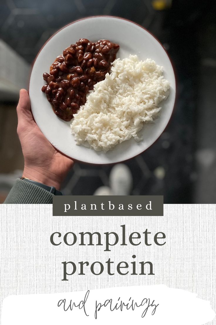 a person holding a plate with beans and rice on it that says, plant based complete protein and servings