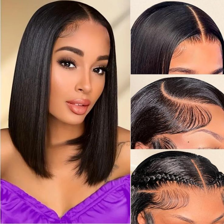 PRICES MAY VARY. 【Bob Wig Human Hair Material】100% Unprocessed Brazilian Virgin Human Hair Wigs 180 Density, Cut from Young Girl Head Directly, Full and Thick, Soft and Comfortable，Natural and Healthy. 【13x4 Lace Front Wigs Human Hair Advantage】13x4 HD transparent lace is perfectly close to the skin tone, pre plucked and bleached knots ,straight lace front wigs human hair offer you very natural look,no shedding, tangle free, can be side part, middle part, can be dyed, bleached and restyled accor Bob Pendek, Lace Frontal Bob, Kort Bob, Curling Straight Hair, Remy Hair Wigs, Bob Lace Front Wigs, Lace Front Wigs Human Hair, Cheap Human Hair, Wig Human Hair