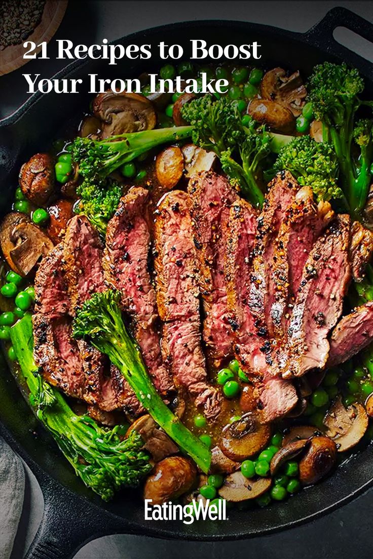 a skillet with steak, broccoli and mushrooms in it that says 21 recipes to booster your iron intake