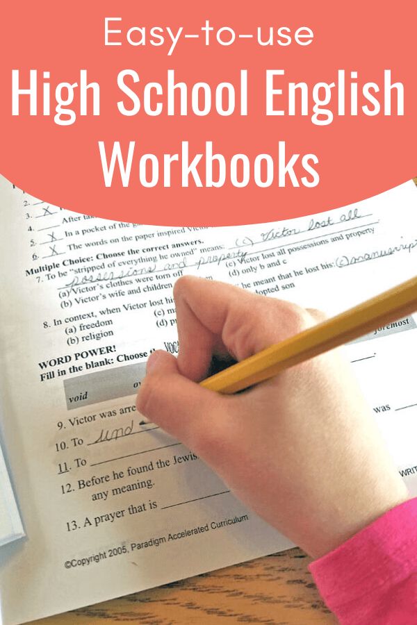 a person writing on paper with the title easy to use high school english workbooks