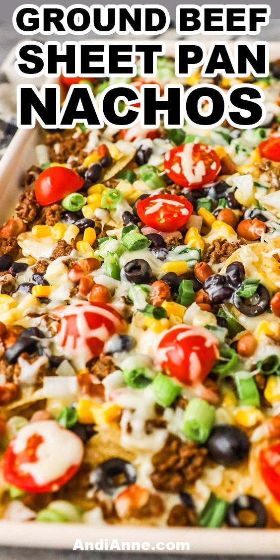 ground beef sheet pan nachos in a baking dish