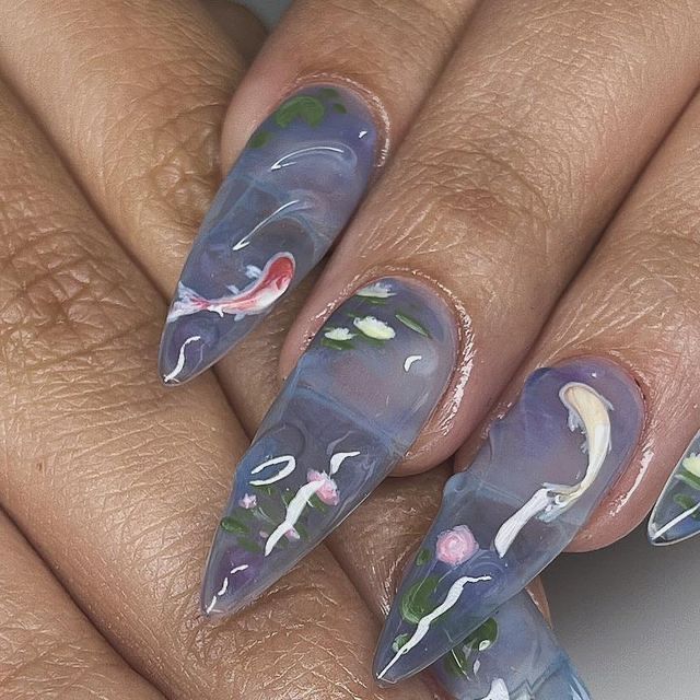 Japanese Gel X Nails, Lily Pad Nail Art, Japanese Style Nail Art, Spider Lily Nails, Lily Pad Nails, Water Lily Nails, Koi Pond Nails, Pond Nails, Water Nails Design