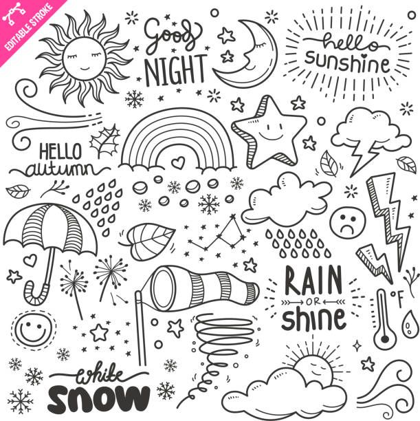 a set of hand drawn doodles with the words rain, sun and snow on them