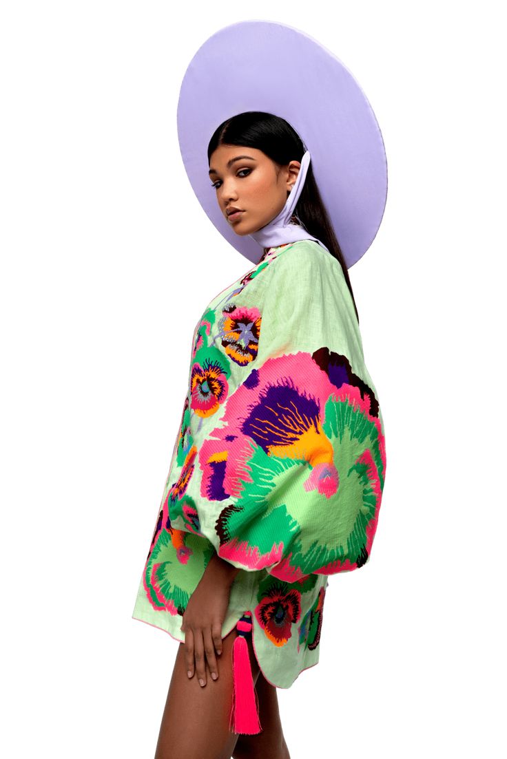 Summer Folk Style Embroidered Kimono, Summer Embroidered Folk Kimono, Embroidered Folk Kimono For Summer, Folk Style Kaftan For Beach In Spring, Folk Style Kaftan For Beach And Spring, Spring Cotton Kaftan With Floral Embroidery, Vibrant Spring Kaftan With Kimono Sleeves, Vibrant Kaftan With Kimono Sleeves For Spring, Summer Multicolor Ikat Print Kimono