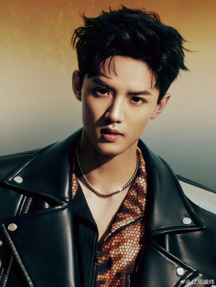 a young man with black hair wearing a leather jacket and patterned shirt is looking at the camera