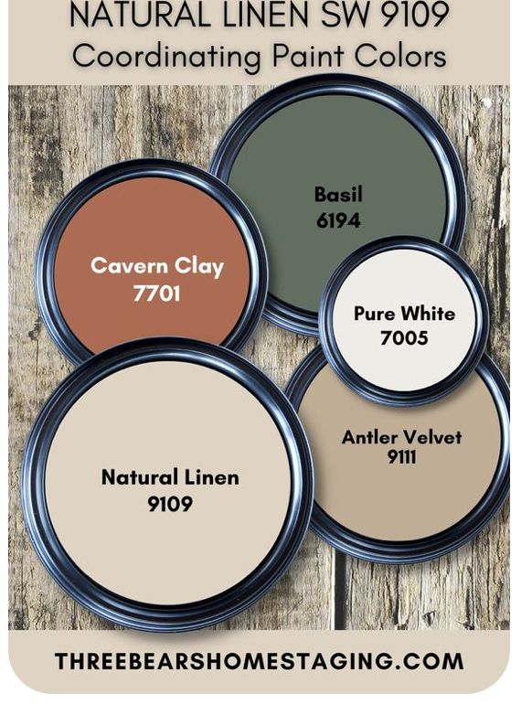 four different shades of paint on wood with the words, natural linen sw1909 coordinating